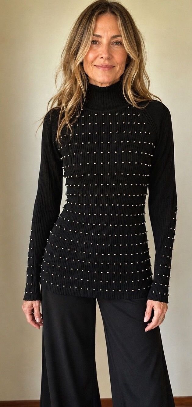 Love Token Studded Moc Neck Sweater Black Ribbed Knit Nailhead Size Large